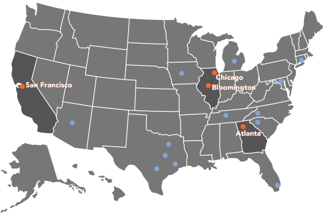 Map of US showing 17 office and remote locations